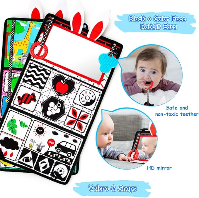 Tummy Time/Baby Mirror Toys, Black and White High Contrast Tabletop Mount Baby Newborn Toys 0 3 6 Months Brain Development, Sensory Texture Piano Infant Toys 0 3 6 Months with Squeaker