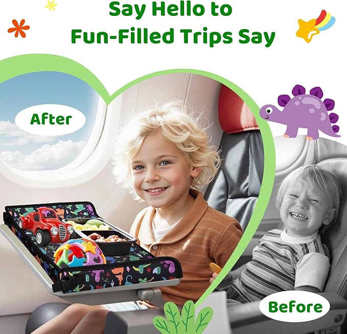 Airplane Kids Travel Tray for Toddler Car Seat - Toddler Tray for Plane or Train - Travel Essential Must-Haves and Flying Supplies - Dinosaur