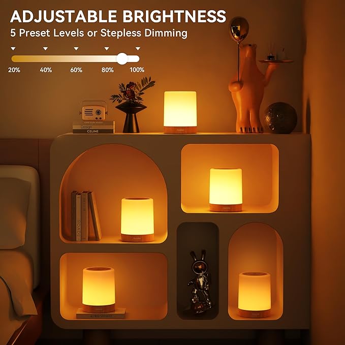 Auxmir Night Light for Kids Baby, Dimmable Touch Lamp for Nursery, 11 RGB Colors 5 Brightness, Portable Rechargeable Table Lamp for Nightstand, Kids Night Light for Bedroom Living Room, Brown-2 Pack