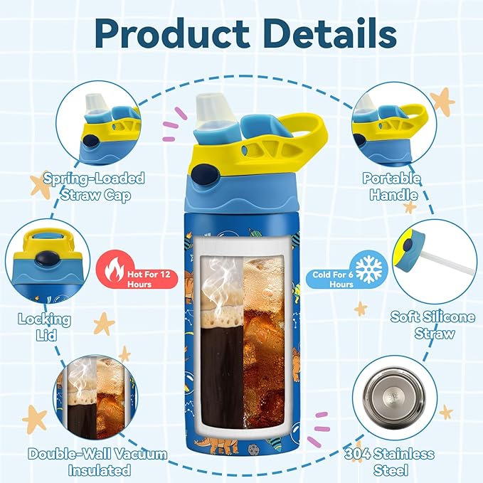 12oz Dinosaur Astronaut Kids Water Bottle, Space Dino Water Bottle for School, Kids Insulated Bottles with Straw & Handle, Leak-Proof, BPA-free, Straw Lid, Stainless Steel for Travel Gift Cup for Boy