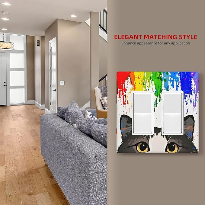 Cat Rainbow Double Rocker Wall Plate Decorative 2 Gang Light Switch Covers Electrical Switchplate Home Decorate Faceplat for Bathroom Bedroom Kitchen Room 4.5 x 4.5 Inch