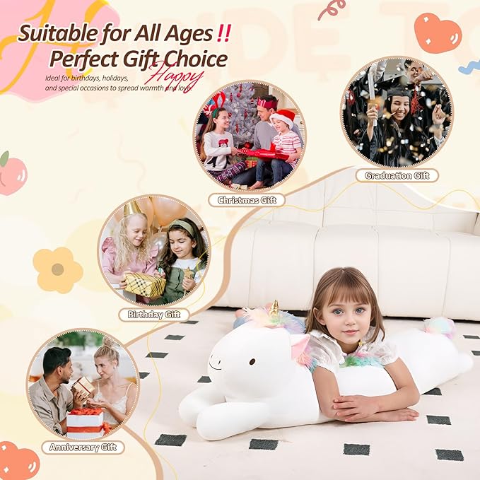 MMguai 40inch Jumbo Unicorn Stuffed Animal, Giant Rainbow Unicorn Stuffy Long Body Pillow Plush Toy, Large Soft Unicorns Plushies Gift for Kids Boy Girl, Birthday, Christmas
