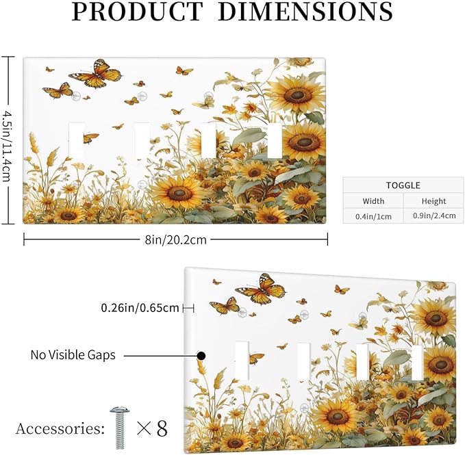Sunflower Gold Wildflowers Summer Butterfly Light Switch Covers Quad Toggle Electrical Faceplate 4 Gang Wall Plate Decorative Switch Plates Cover for Bedroom Living Room Decor