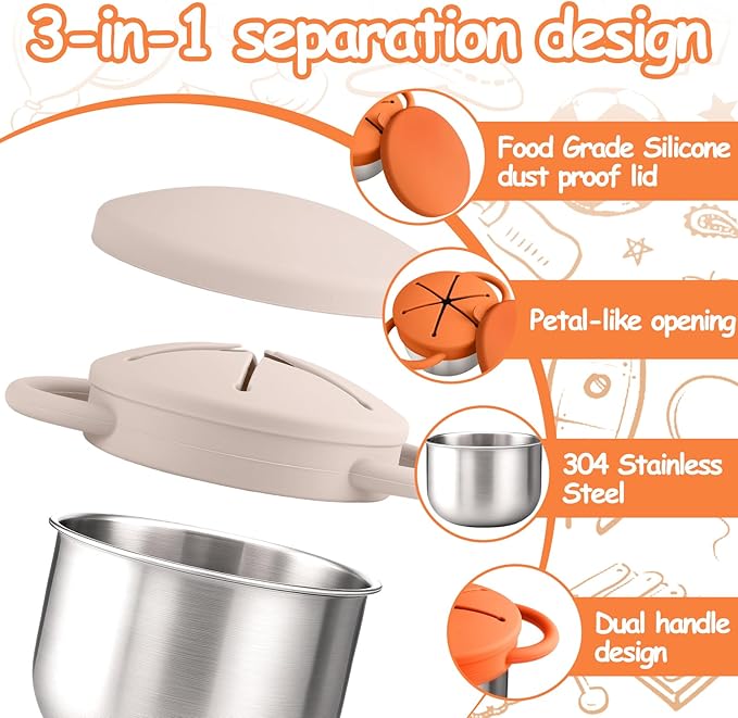Mity rain Stainless Steel Snack Containers for Toddlers with Spill-Proof Silicone Lids Handles - 3-in-1 Baby Snack Cups, No-Spill Toddler Snack Box (Orange+Beige, Two piece set)
