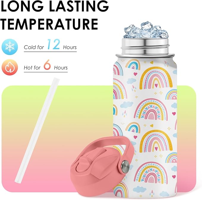 16oz Rainbow Tumbler Cup with Handle and Straw - Pink Stainless Steel Water Bottle for Women Men - Insulated Double Wall Travel Mug, Sweatproof, Non-Slip Base - Birthday Gift Ideas