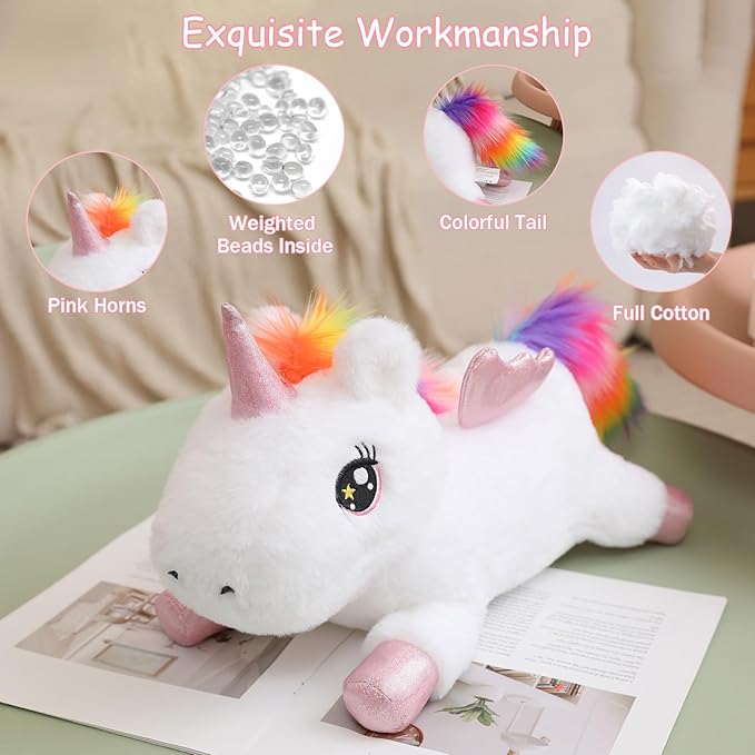 SQEQE Weighted Unicorn Plush, Weighted Unicorn Stuffed Animal, Cute Plushies Soft Pillow Toy Gift for Kids Adults 13.8 Inch, 1.6 Lbs