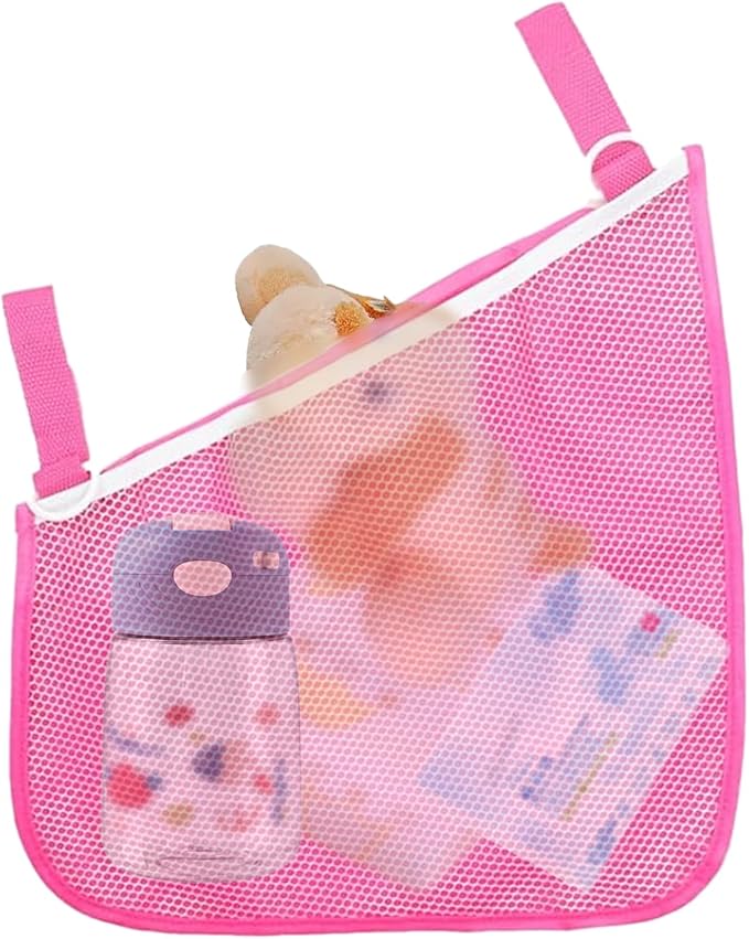 2 Pack Side Sling Cargo Stroller Net, Universal Stroller Organizer Bag, Non-Slip and Adjustable Straps Storage Mesh Cargo Net for Stroller Storage (Pink)