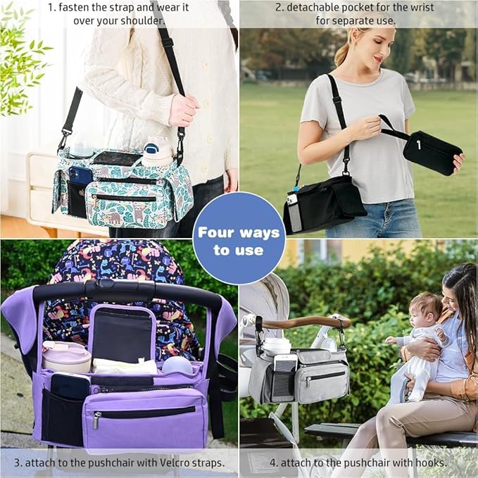 Baby Stroller Organizer, Universal Stroller Organizer with Detachable Phone Bag, Stroller Caddy with 2 Insulated Cup Holders, Buggy Organizer Bag with 2 Hooks Fits Most Strollers (Purple)