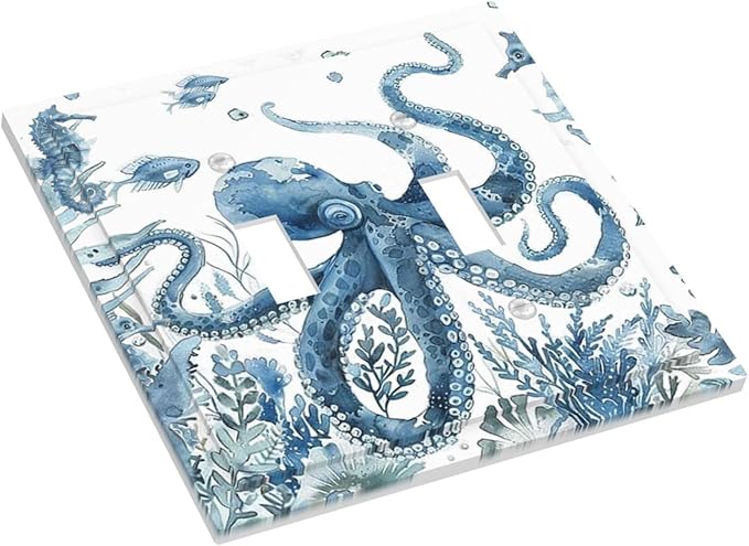 Blue Octopus Squid Seahorse Coral Watercolor Wild Sealife Decorative Switch Plates 2 Gang Double Toggle Outlet Light Switch Cover Wall Plate Electrical Faceplate for Bathroom Kids Room Decor