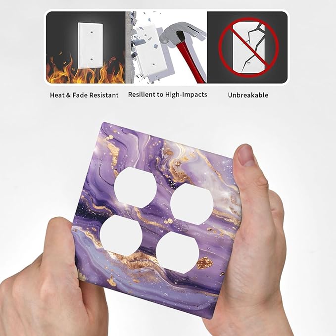 Luxury Marble Texture Purple And Gold Abstract Print Outlet Covers 2 Gang Double Duplex Decorative Light Switch Covers Electrical Wallplates Socket Faceplate for Bathroom Home Decor