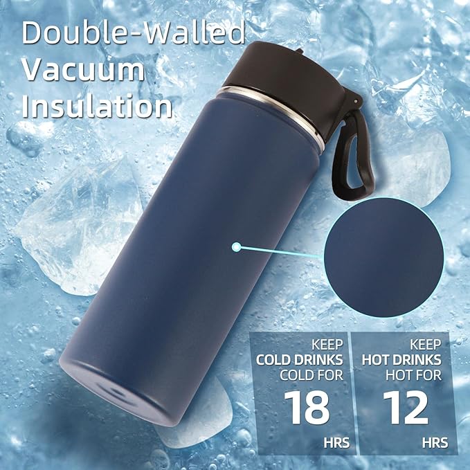 Volhoply 18oz Kids Insulated Water Bottle,Stainless Steel Water Bottles with Straw Lid,Double Wall Vacuum Reusable Metal Water Bottle,Wide Mouth Sports Travel Flask For Cold Drink(Navy,1 Set)