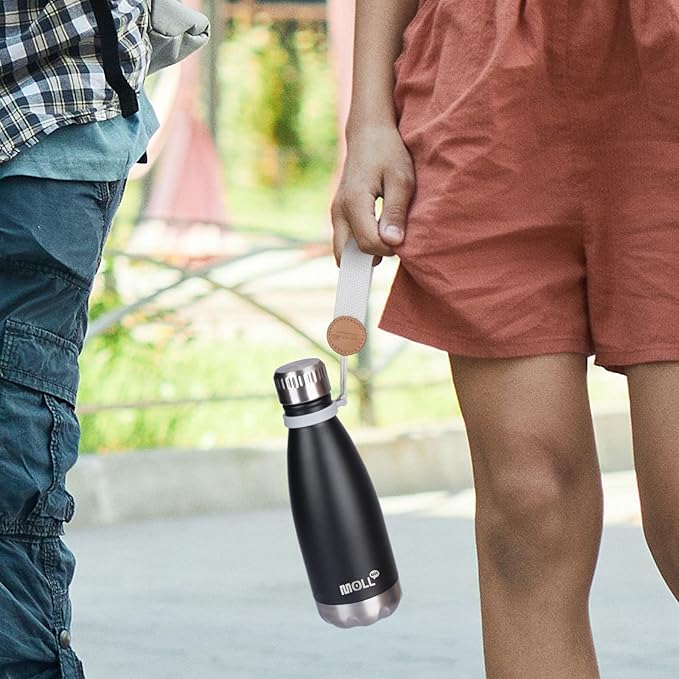 Kids Water Bottle for School-12 oz Stainless Steel Double Wall Vacuum Insulated Sports Water Bottle for Boys-Reusable Metal Travel Leak Proof Flask BPA Free(Black)