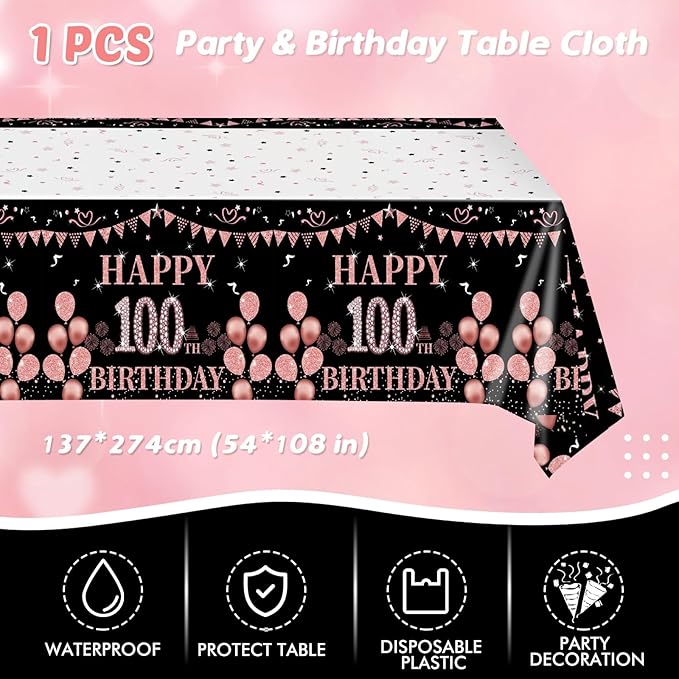 41Pcs 100th Birthday Decorations for Women, Vintage 100 Birthday Black and Rose Gold Disposable Paper Plates and Napkins Party Supplies for 20 Guests, 41Pcs Include 7" Plates Napkins and Tablecloth