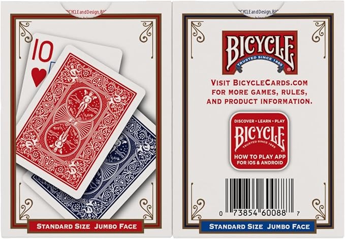 Bicycle Jumbo Index Playing Cards , 2 Pack Large Print Poker Size Deck of Cards for Easy Reading, Family Card Games, and Casino Play
