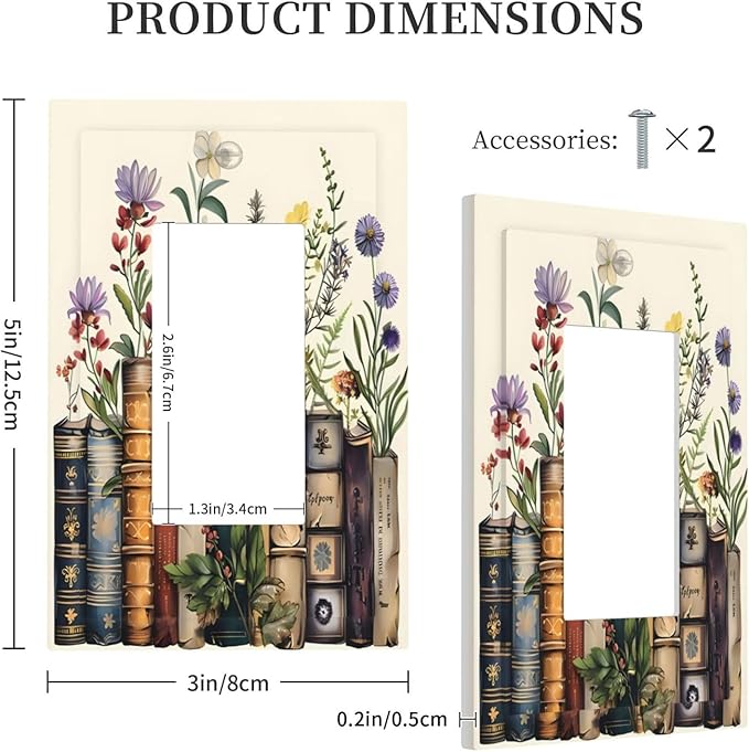 Plant Floral Books Colorful Flower Decorative Outlet Covers 1 Gang Single Rocker Light Switch Cover Plate Wall Plates GFCI Faceplate for Kids Room Bedroom Decor
