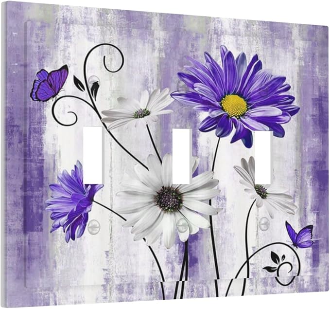 Decorative Light Switch Cover Plate Rustic Purple Daisy Butterfly Boho White Floral 3 Gang Wall Plate Switch Plate Covers Triple Toggle Jumbo Electrical Faceplate for Country Home Decor