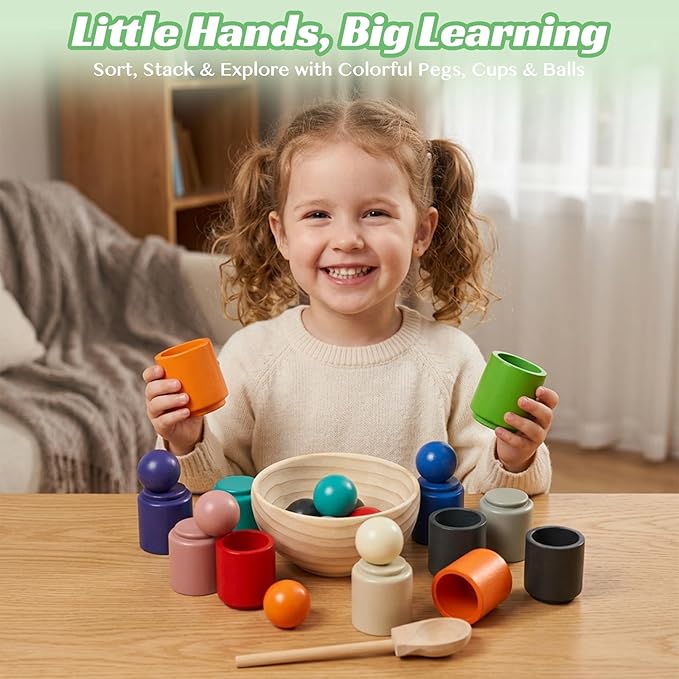 Rainbow Balls in Cups Toddler Montessori Toys for 3 Year Old Up, Kids Preschool Wooden Matching Games for Learning Color Sorting and Counting