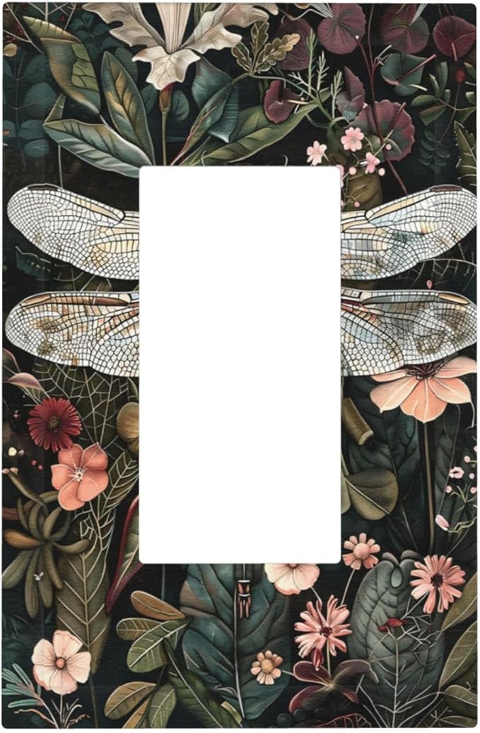 Vintage Dark Green Dragonfly Flowers Floral Botanical Decorative Outlet Covers 1 Gang Single Rocker Light Switch Cover Plate Wall Plates GFCI Faceplate for Farmhouse Home Decor