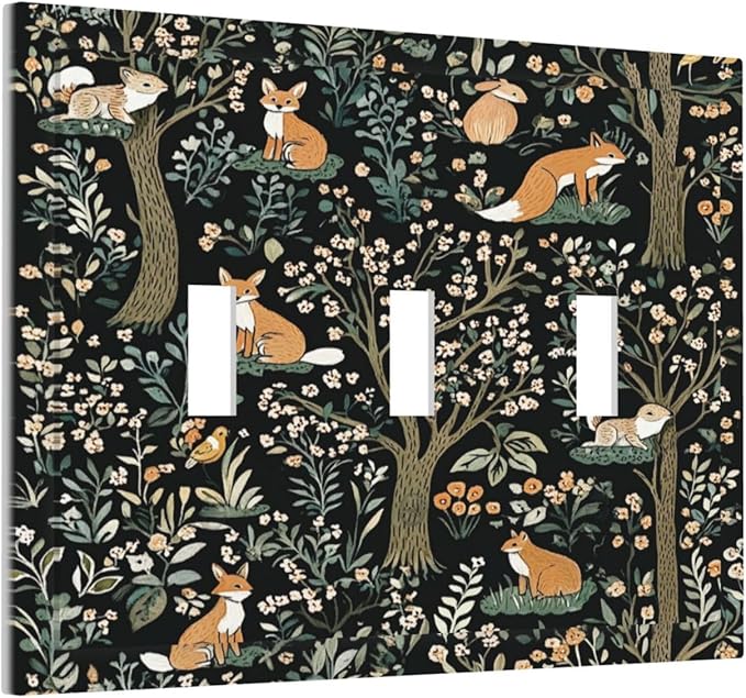Decorative Switch Plates Fairy Forest Animals Fox Squirrel Flower 3 Gang Wall Plate Triple Toggle Light Switch Cover Faceplate Electrical Wall Panels For Bed Room Farmhouse Decor