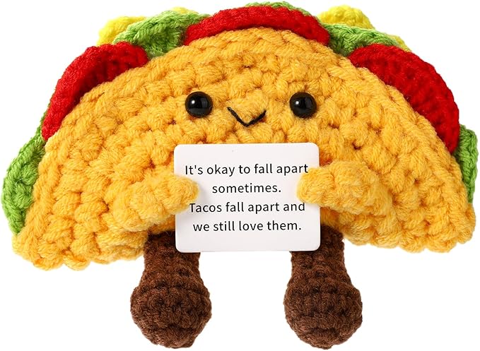 TOYMIS Funny Positive Life Taco, 5.12x4.33 Inch Emotional Positive Support Taco Inspirational Crochet Taco with Encouragement Card Knitted Taco Doll Positive Gift for Friends Home Decoration