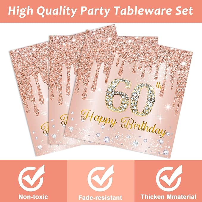 ZOIIWA 96 Pieces 60th Birthday Party Tableware Set for Pink Rose Gold 60th Paper Table Decorations Supplies Pink Rose Gold Happy 60 Birthday Dessert Plates Napkins Forks for 24 Guests Women Supplies