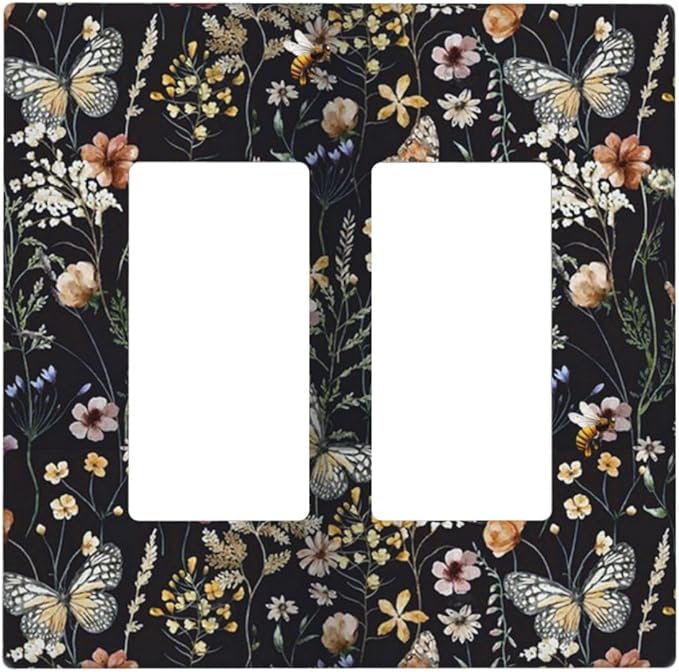 Vintage Flower Leaves Double Rocker Wall Plates Cute Bees 2 Gang Light Switch Cover Decorative Dark Backgrounds GFCI Electrical Switchplate Butterfly Dimmer Decor for Bedroom Kitchen Bathroom