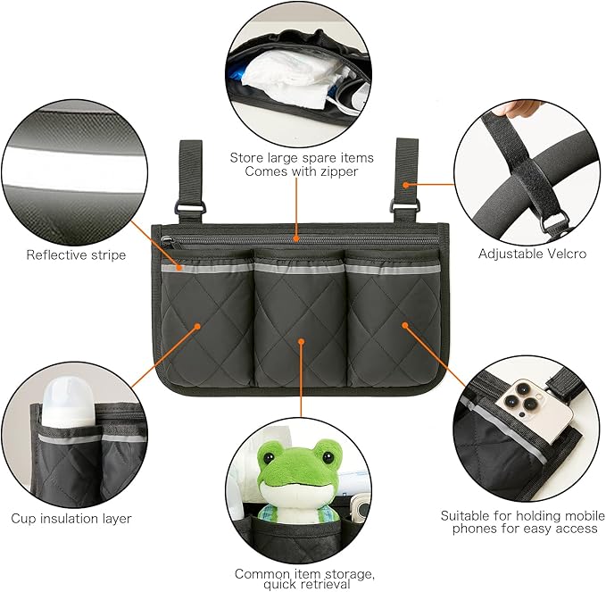 Stroller Caddy Stroller Organizer With Cup Holder, Non Slip Straps Stroller Bag for Phone, Pet Stroller Accessories,Universal Stroller Organizer,Fits Single & Double Strollers