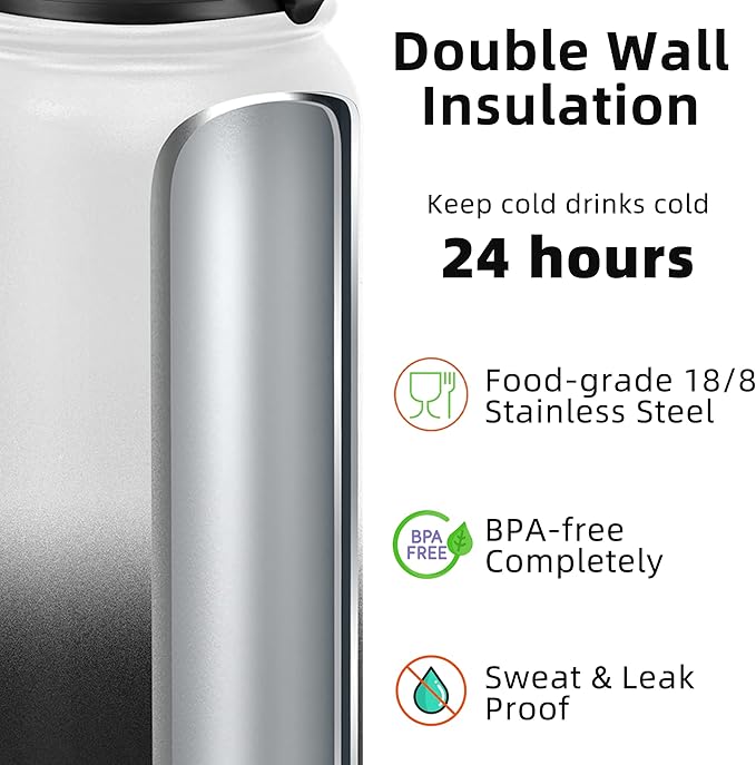 Fanhaw 20 oz Insulated Stainless Steel Water Bottle with Straw Lid, Leakproof & Anti-Dust Sports Bottle for Kids, Women & Men (White Black)