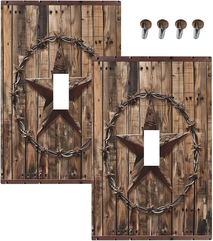 Outlet Covers Rustic Star Western Cowboy Wood 1 Gang Duplex Light Switch Cover Plate Decorative Wall Plates Electrical Switchplate Receptacle for Farmhouse Home Decor（2 Pack）