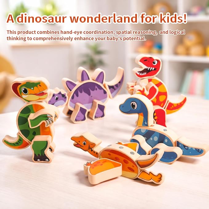 INIFEIDALA Magnetic Wooden Dinosaur Building Blocks, Take Apart STEM Montessori Educational Toy, Fine Motor Skills Development Ages 3-6
