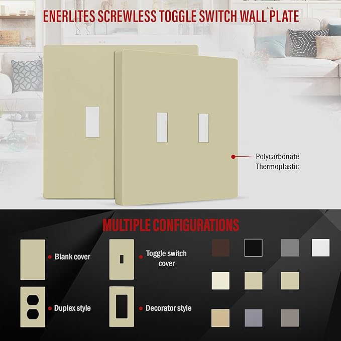 ENERLITES Screwless Double Toggle Switch Wall Plate, Child Safe Dual Light Switch Cover, Standard Size 2-Gang 4.68" x 4.73", Unbreakable Polycarbonate Thermoplastic, UL Listed, SI8812-I, Glossy, Ivory
