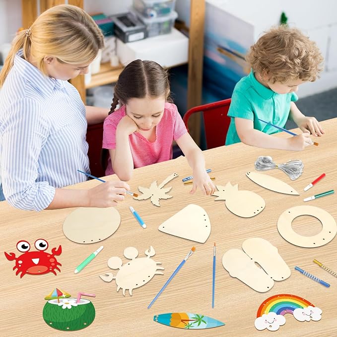 gisgfim 16 Pack Beach Wind Chime Crafts Kits for Kids Make Your Own Luau Hawaii Beach Fruit Wind Chime Wooden DIY Arts and Crafts for Summer Party School Classroom Decoration Supplies Birthday Favors