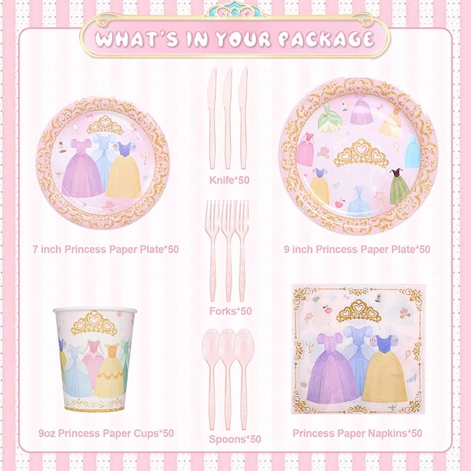 350PCS Princess Paper Plates Napkins, Princess Themed Birthday Party Decorations Pink Party Supplies Disposable Dinnerware Set Plate, Utensils, Cup, Napkin, Tableware Set, Serve 50 Guests