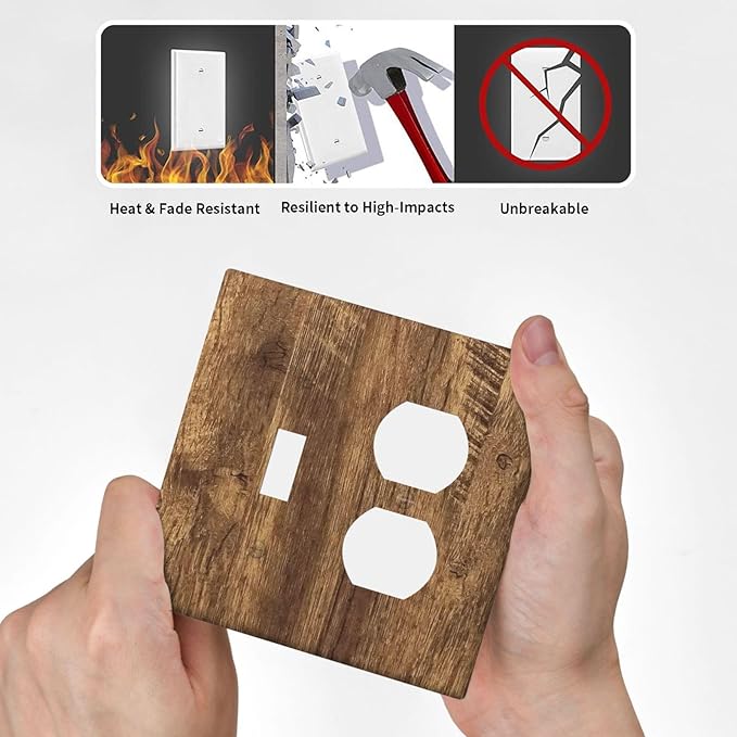 Light Switch Cover Plate Rustic Wood Grain Country Vintage Wooden Board 2 Gang Outlet Covers 1 Toggle 1 Duplex Socket Cover Wallplates Electrical Switch Plate Covers for Farmhouse Home Decor