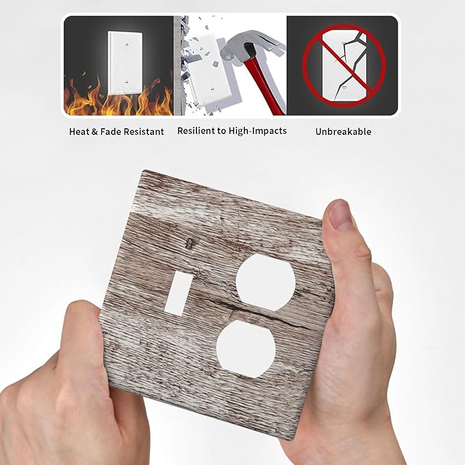 Light Switch Cover Plate Rustic Dark Grey Wood Plank Vintage Texture 2 Gang Outlet Covers 1 Toggle 1 Duplex Socket Cover Wallplates Electrical Switch Plate Covers for Farmhouse Home Decor