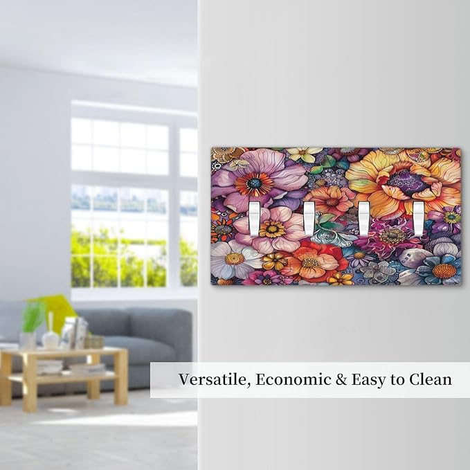 Light Switch Covers Colorful Bohemian Flowers Vintage Boho Floral Quad Toggle Electrical Faceplate 4 Gang Wall Plate Decorative Switch Plates for Bed Room living Room Decor