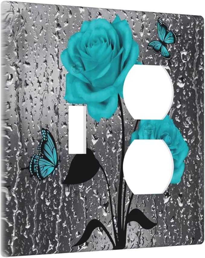 2-Gang 1-Toggle 1-Duplex Combination Wall Plate Women Elegant Butterfly Teal Blue Gray Rose Flower Water Raindrop Floral Two Combo Double Device Toggle/Outlet Receptacle Light Switch Face Plate Cover