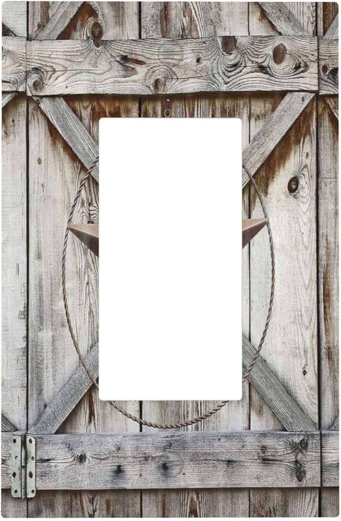 Rustic Western Texas Star Barn Door 1 Gang Rocker Light Switch Plate Single Decora Outlet Wall Plate Cover Faceplate Decorative Switchplate GFCI for Farmhouse Bathroom Home Bedroom Decorate