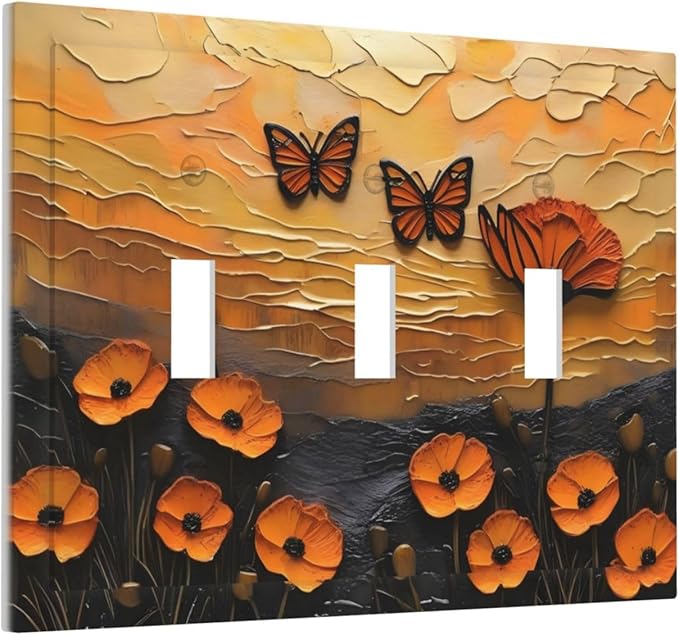 Oil Painting Flower Sunset Butterfly Vintage Rustic Floral Decorative Switch Plates 3 Gang Wall Plate Triple Toggle Light Switch Cover Faceplate Electrical Wall Panels for Bedroom Living Room Decor