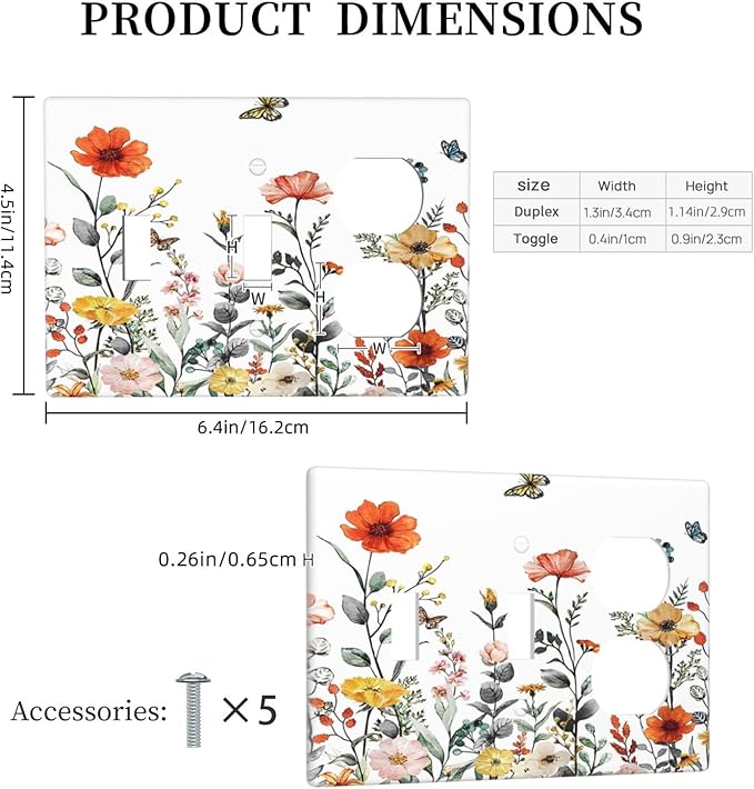 Colorful Butterfly Blossom Flower Floral 3-Gang 2-Toggle 1-Duplex Receptacle Combination Light Switch Decorative Triple Combo Device Switches/Rocker Outlet Covers and Wall Plate