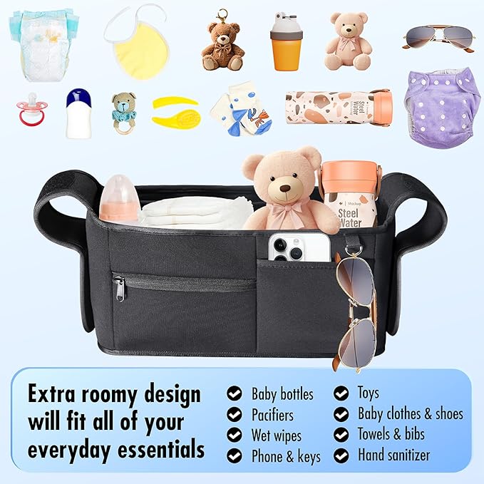 Stroller Organizer, New Fabric Design, Holds 2 Cup Holders for Baby Products, Multiple Pockets for Storing Diapers and Toys, Suitable for All Off-Road Models