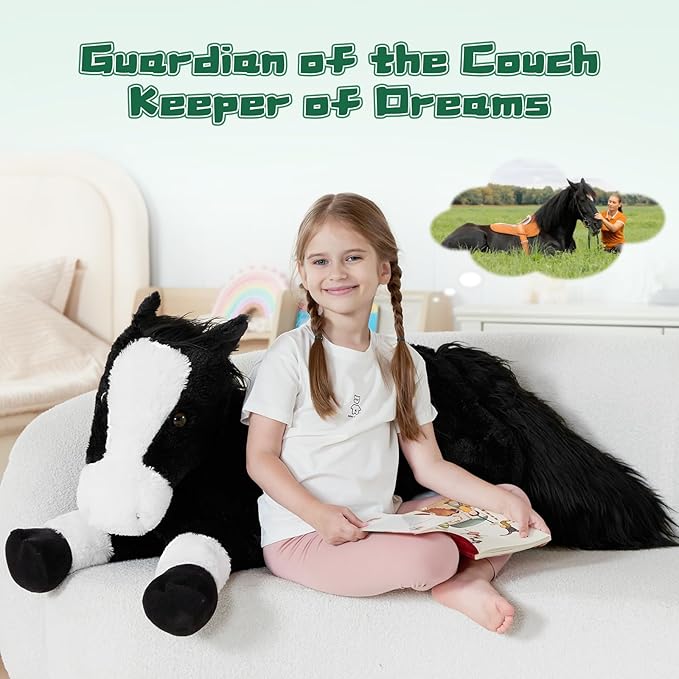Tezituor 4ft Giant Black Horse Stuffed Animal, Realistic 47 inch Large Stuffed Horse Plush Toy for Boys Girls, Hugging Soft Pony Body Pillow Birthday Gift for Boys Girls