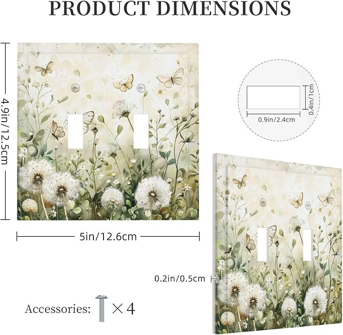 Light Switch Cover Plate Watercolor Butterflies Dandelions Wildflowers 2 Gang Double Toggle Decorative Switch Plates Wall Plates Electrical Faceplate for Bathroom Bedroom Decor