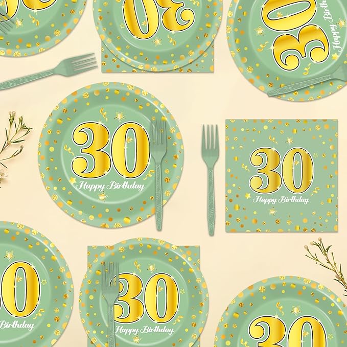96Pcs Green Gold 30th Birthday Party Plates and Napkins for Women Men Sage Green 30 Year Old Birthday Party Supplies Themed Paper Dessert Plates Tableware Set for 24 Guests Party Decorations