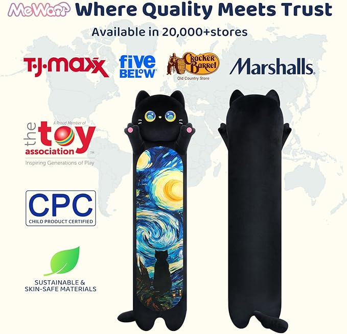 Mewaii Long Cat Plush 5 Sizes, 120% Extra Filling Giant Plushness Kids Body Pillow, Kawaii Cute Black Starry Cat Stuffed Animals Plushies, Big Long Black Cat Body Pillow Plush Gift for Girls 20”