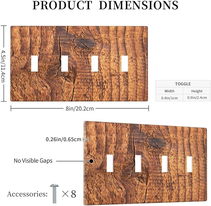 Brown Wood Grain Rustic Natural Burl Print Light Switch Covers Quad Toggle Electrical Faceplate 4 Gang Wall Plate Decorative Switch Plates Cover for Farmhouse Home Decor