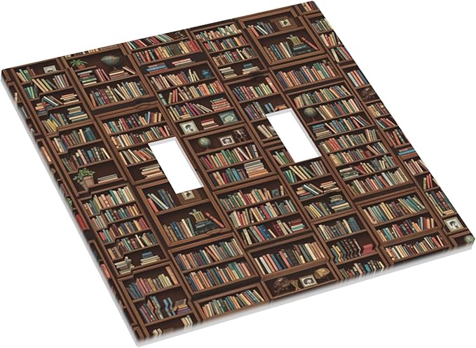 Vintage Library Bookshelf Double Toggle Switch Cover - 2-Gang Standard US Size Dark Academia Book Lover's Dream Light Switch Covers, Cozy Bookshelf for Study Room Decor