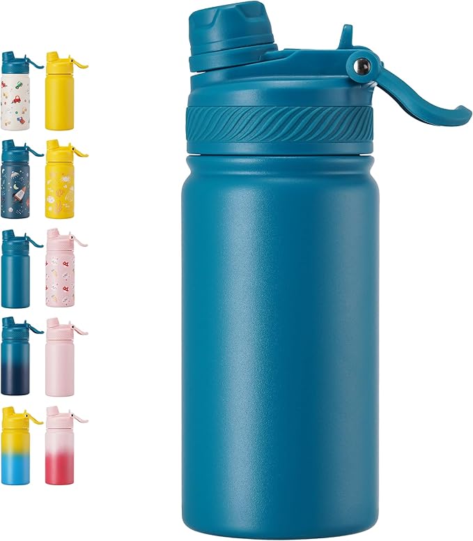 Fijinhom 12 oz Kids Water Bottle, 2-in-1 Stainless Steel Vacuum Insulated Water Bottle for Toddler, Leak Proof Spout & Straw, Double Wall Thermal Flask for Boys&Girls, School, Outdoor, Travel (Blue)
