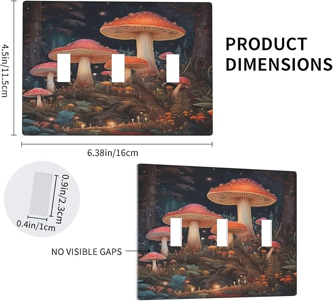 Decorative Art Light Switch Covers Enchanted Mushroom Forest 3 Gang Triple Toggle Wall Plate Decorative Switch plate Electrical Faceplate for Home Decor