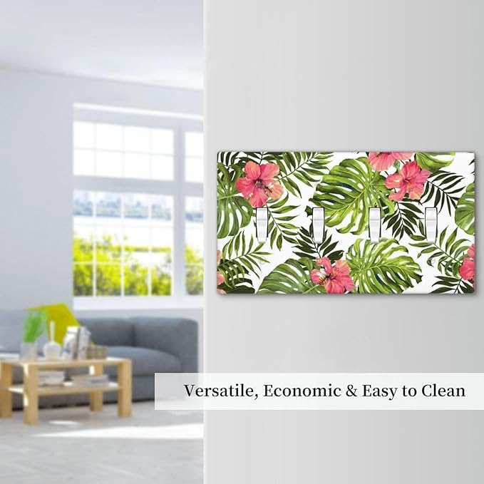 Tropical Plant Green Palm Quad Toggle Wall Plate Covers Decorative 4-Gang Wall Plates Banana Leaves Pink Flower Rainfores Jungle Botanical Electrical Switchplate for Bathroom Bedroom Kitchen Decor